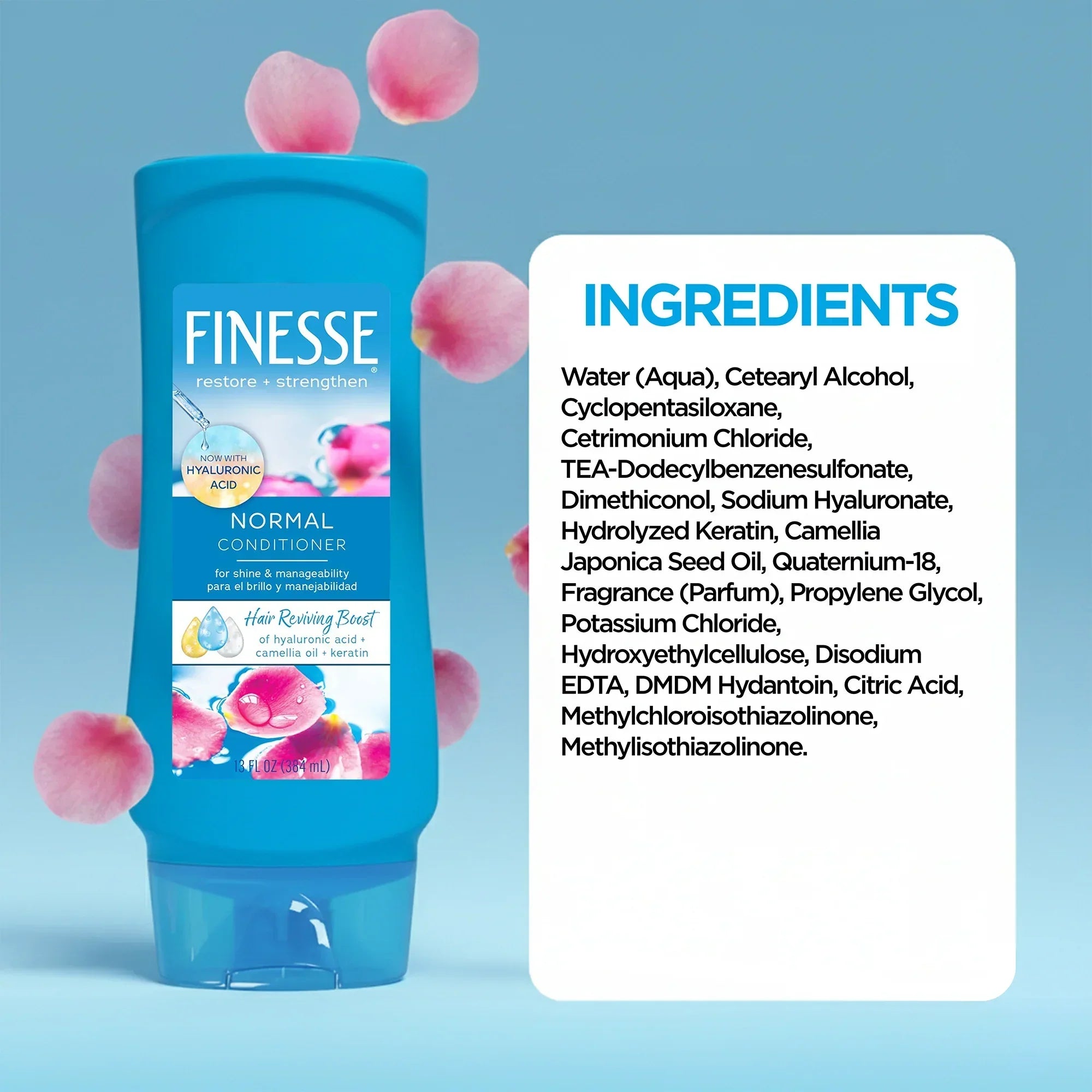 Finesse Normal Conditioner bottle with hyaluronic acid and camellia oil, surrounded by pink petals, ingredient list visible