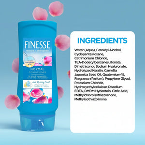 Finesse Normal Conditioner bottle with hyaluronic acid and camellia oil, surrounded by pink petals, ingredient list visible