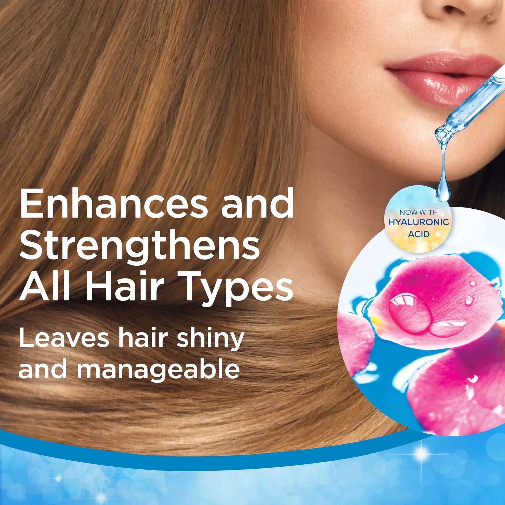 Close-up of woman with shiny brown hair and skin serum drop with hyaluronic acid, promoting hair shine and strength