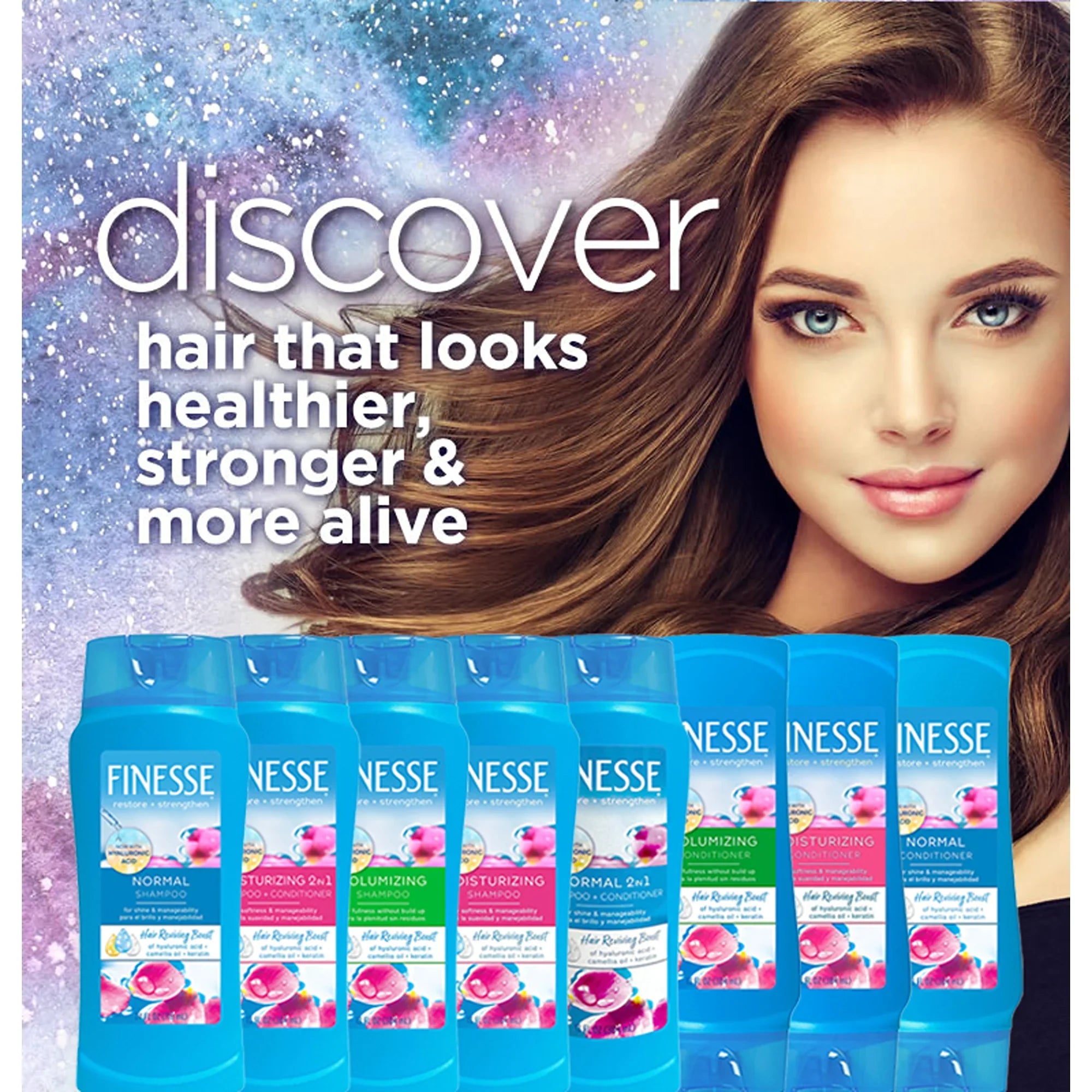 Finesse hair care products displayed with a woman with long, healthy hair and text promoting stronger, healthier hair