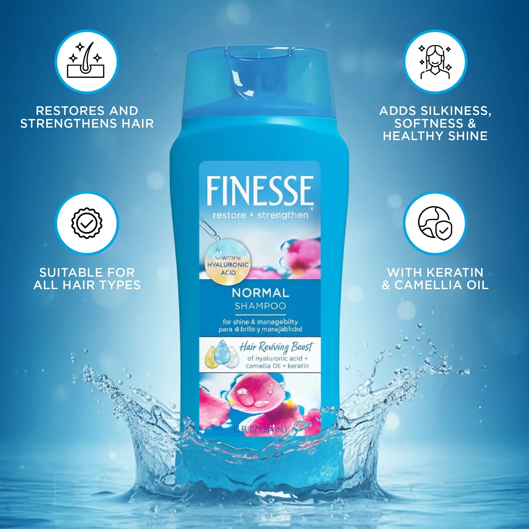 Finesse Normal Shampoo bottle with keratin and camellia oil, featured on Sunbeam Merchantile Ventures.