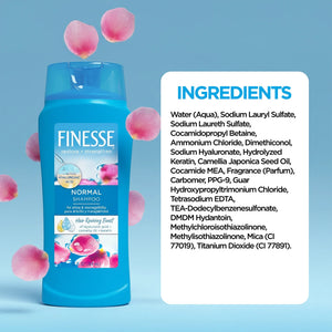 Finesse Normal Shampoo bottle with rose petals and ingredient list, imported by Sunbeam Merchantile Ventures.