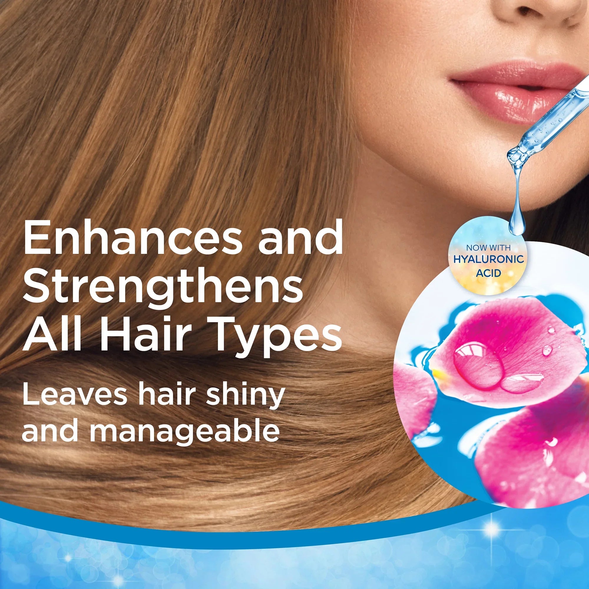 Woman with smooth shiny hair, Finesse shampoo promo, highlights hyaluronic acid benefits