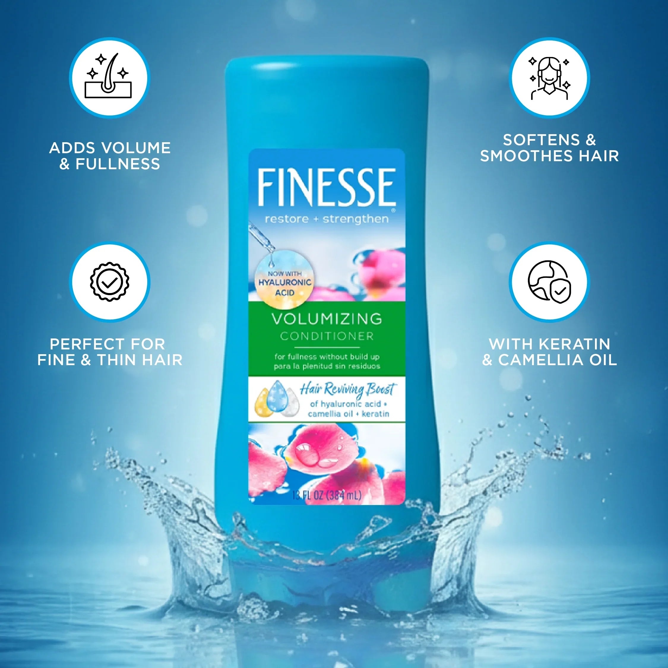 Finesse Volumizing Conditioner with hyaluronic acid, keratin, and camellia oil, adds volume and smoothes hair