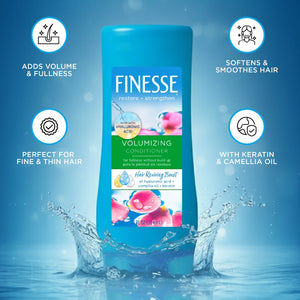 Finesse Volumizing Conditioner with hyaluronic acid, keratin, and camellia oil, adds volume and smoothes hair