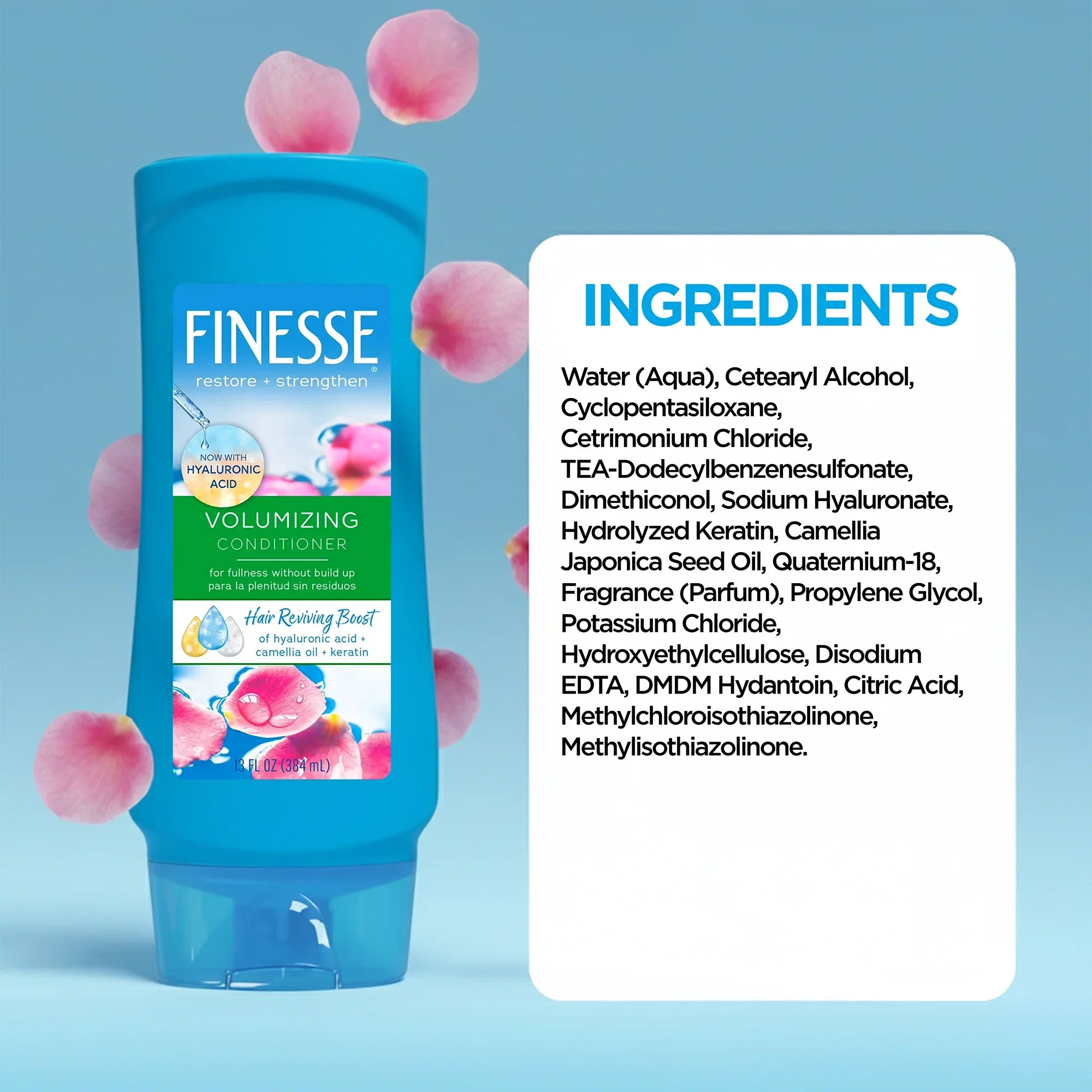 Finesse Volumizing Conditioner bottle with hyaluronic acid and camellia oil on blue background and ingredient list