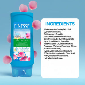 Finesse Volumizing Conditioner bottle with hyaluronic acid and camellia oil on blue background and ingredient list