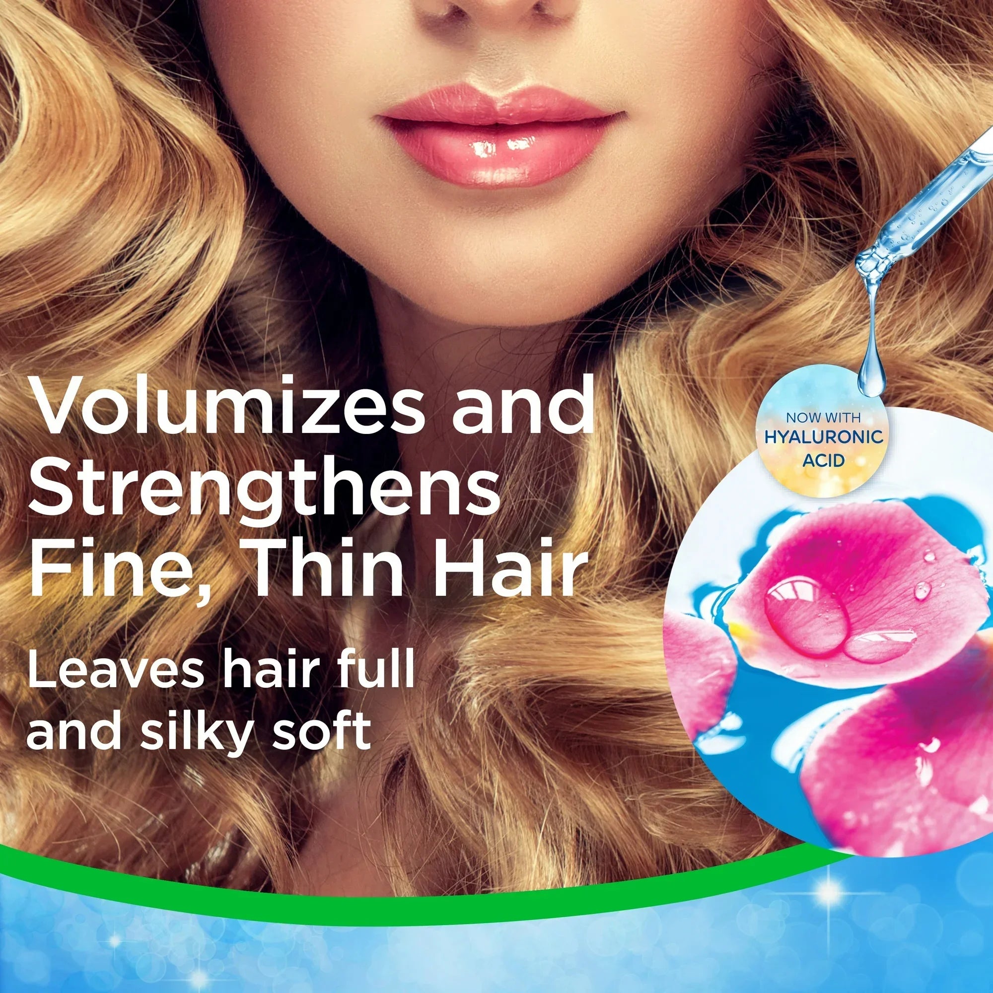 Close-up of woman with voluminous blonde hair and glossy lips, promoting hair volumizing and strengthening conditioner with hyaluronic acid