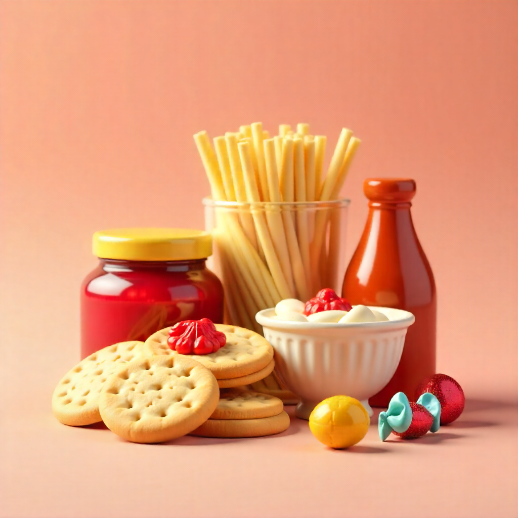 Assorted snacks including crackers, chips, and a bottle of ketchup on a pink background