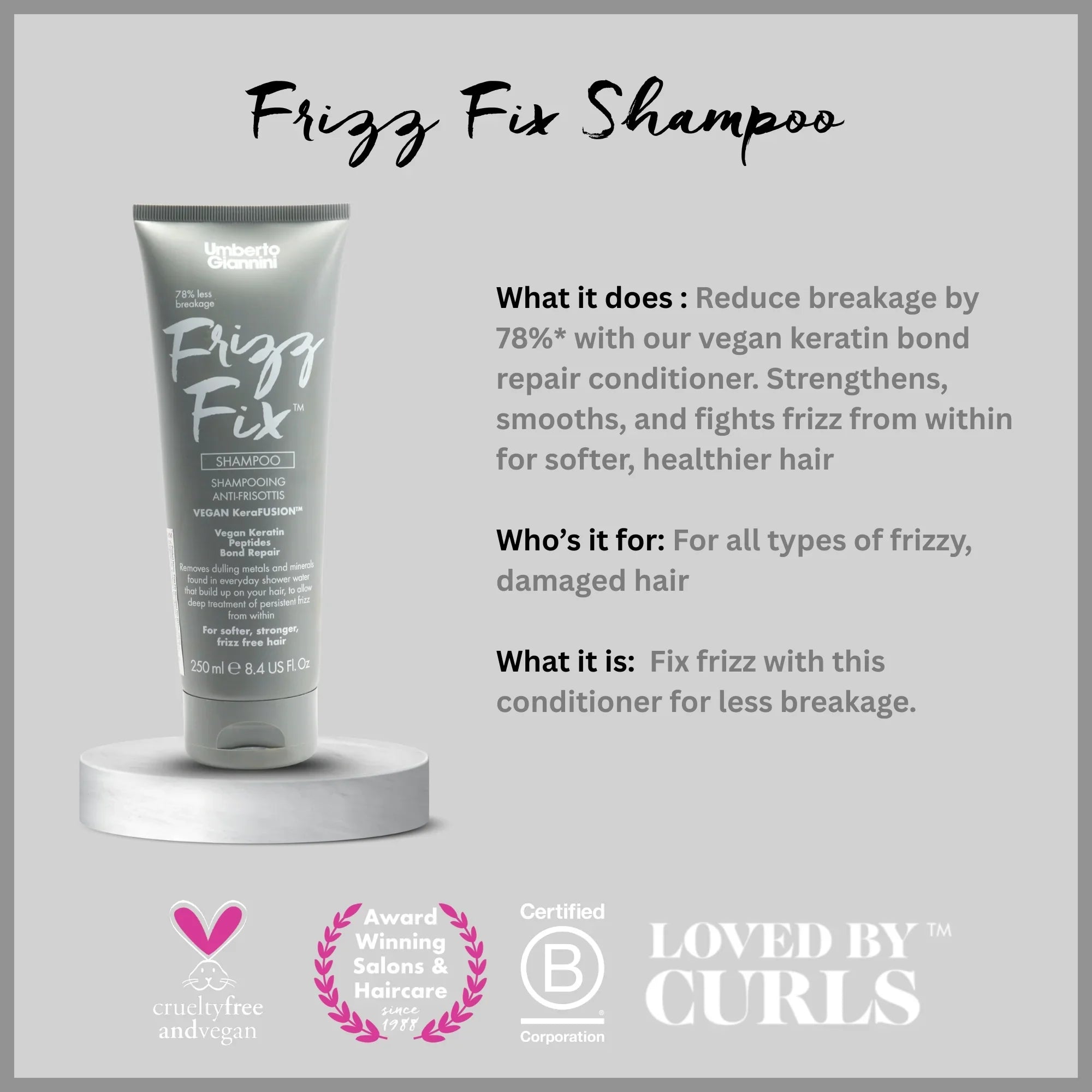 Umberto Giannini Frizz Fix Shampoo with vegan keratin peptide repair, reduces breakage, for frizzy, damaged hair