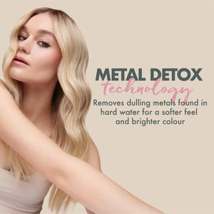 Blonde woman with smooth hair next to text about Metal Detox technology removing dulling metals for softer, brighter hair