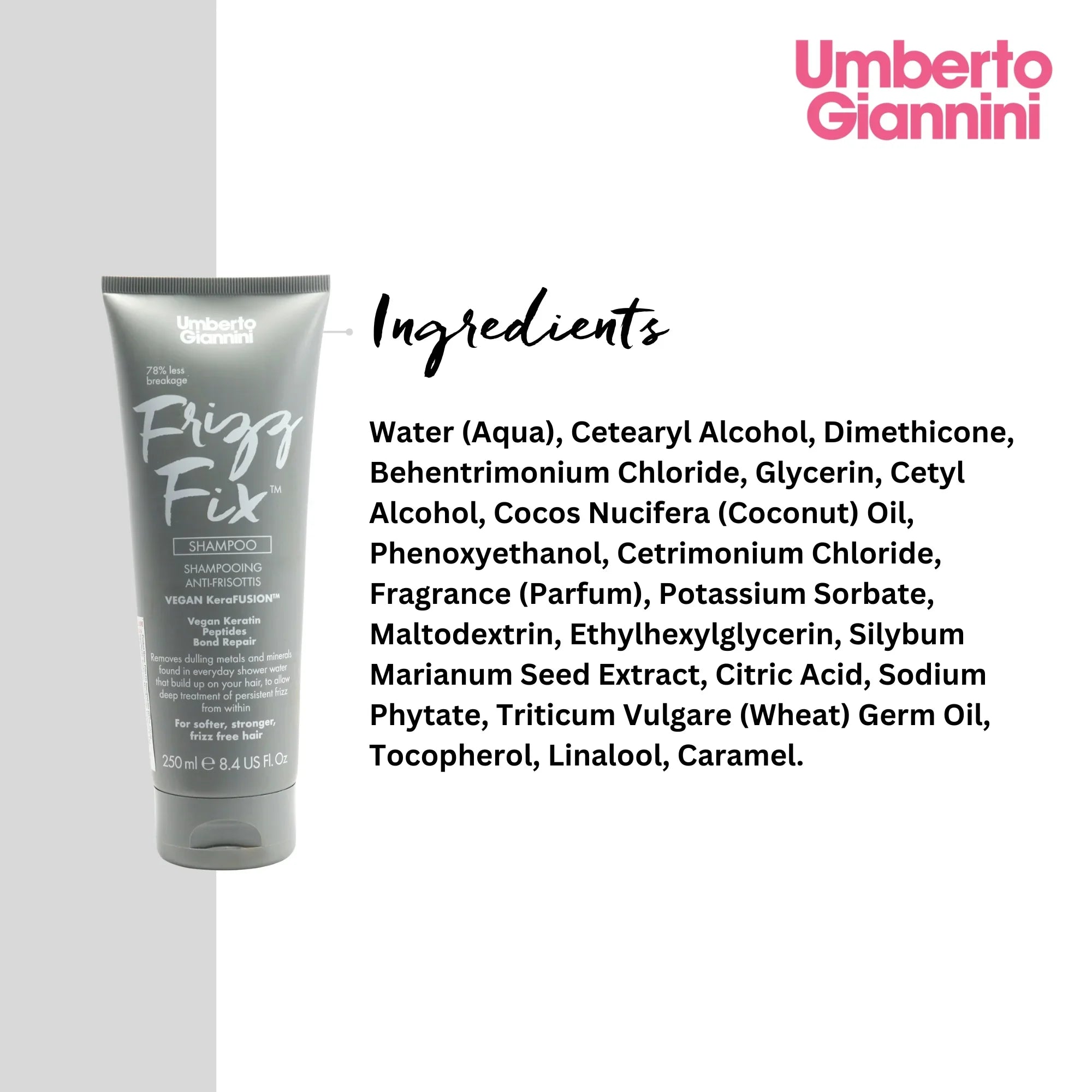 Umberto Giannini Frizz Fix Shampoo tube with ingredients list including vegan keratin peptides and coconut oil