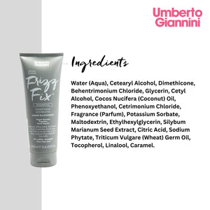 Umberto Giannini Frizz Fix Shampoo tube with ingredients list including vegan keratin peptides and coconut oil