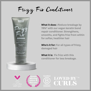 Umberto Giannini Frizz Fix Conditioner tube on marble stand with vegan keratin bond repair, reduces hair breakage