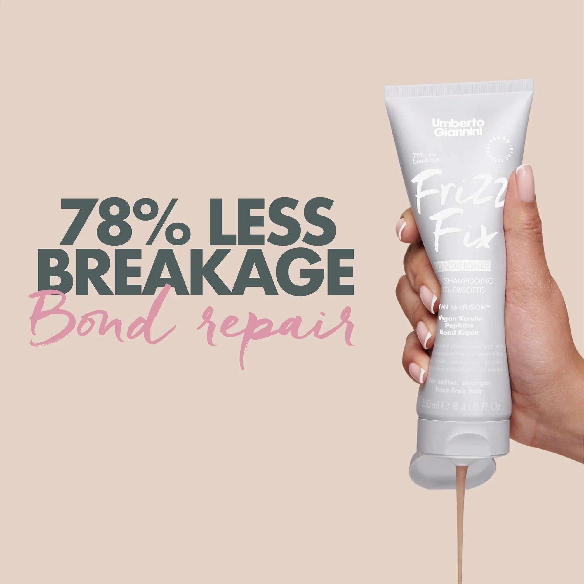 Hand holding Umberto Giannini Frizz Fix conditioner tube with conditioner pouring out and text 78% less breakage bond repair