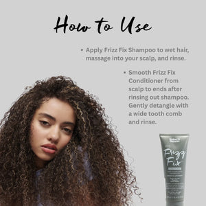 Curly-haired woman next to instructions and Umberto Giannini Frizz Fix Conditioner tube for frizz-free hair