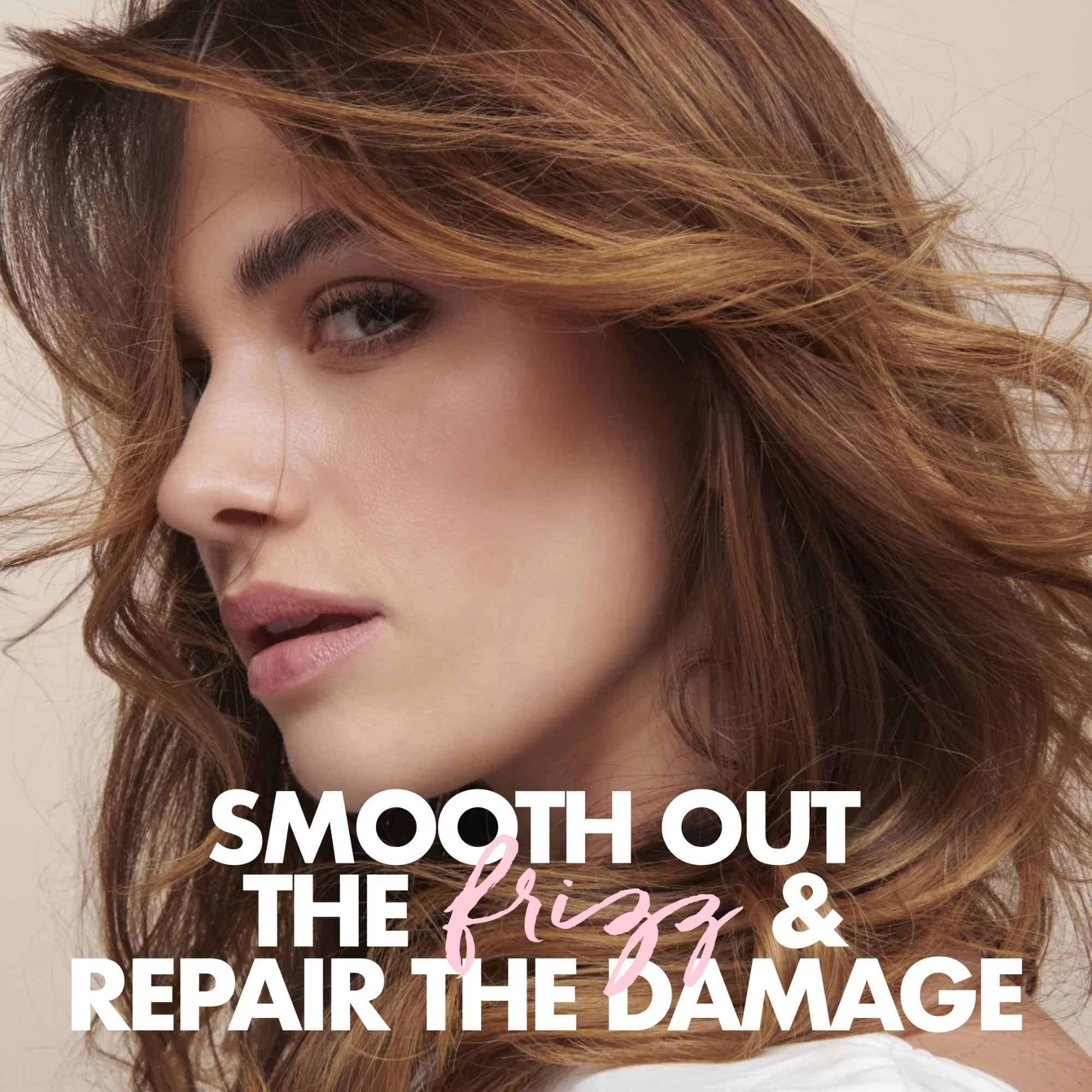 Close-up of a woman with wavy brown hair, text reads smooth out the frizz and repair the damage for hair care