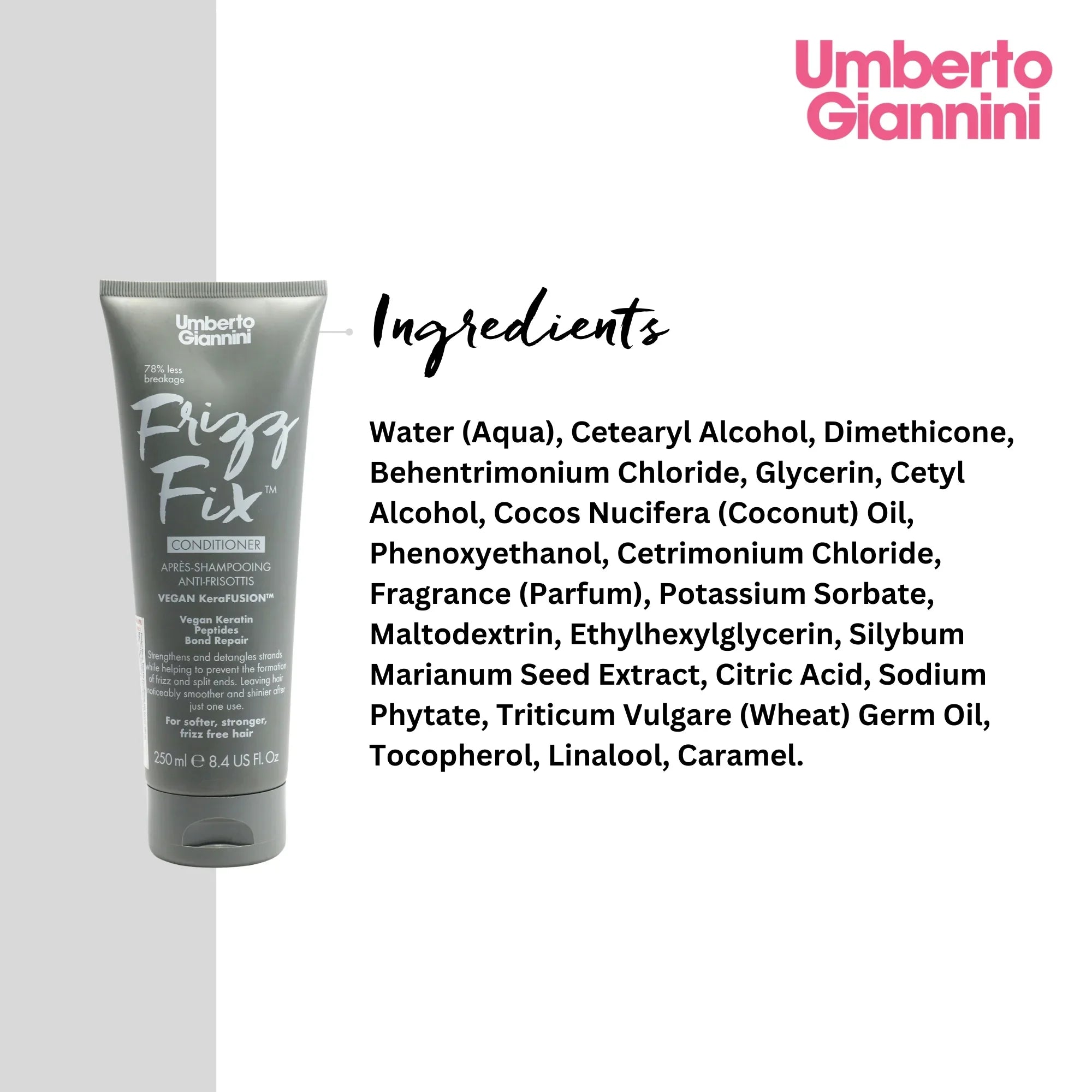 Umberto Giannini Frizz Fix conditioner tube with ingredients list on white background for frizz control and hair repair