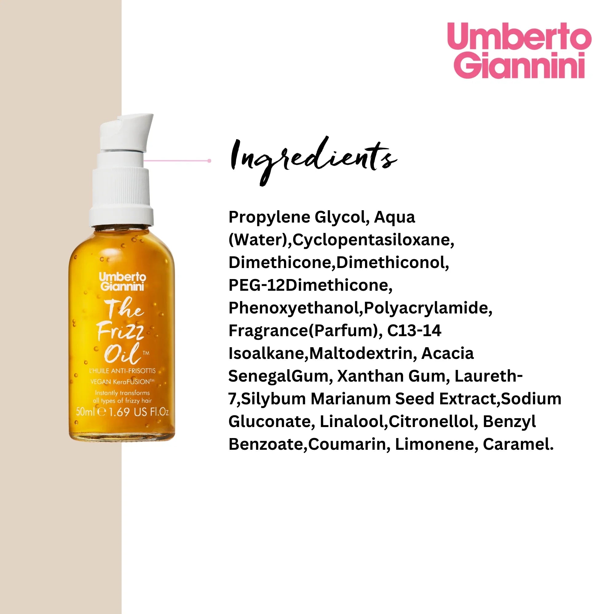 Umberto Giannini The Frizz Oil 50ml bottle with detailed ingredients list on beige white background