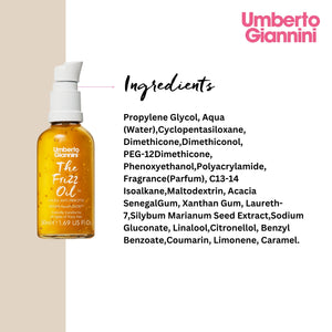 Umberto Giannini The Frizz Oil 50ml bottle with detailed ingredients list on beige white background