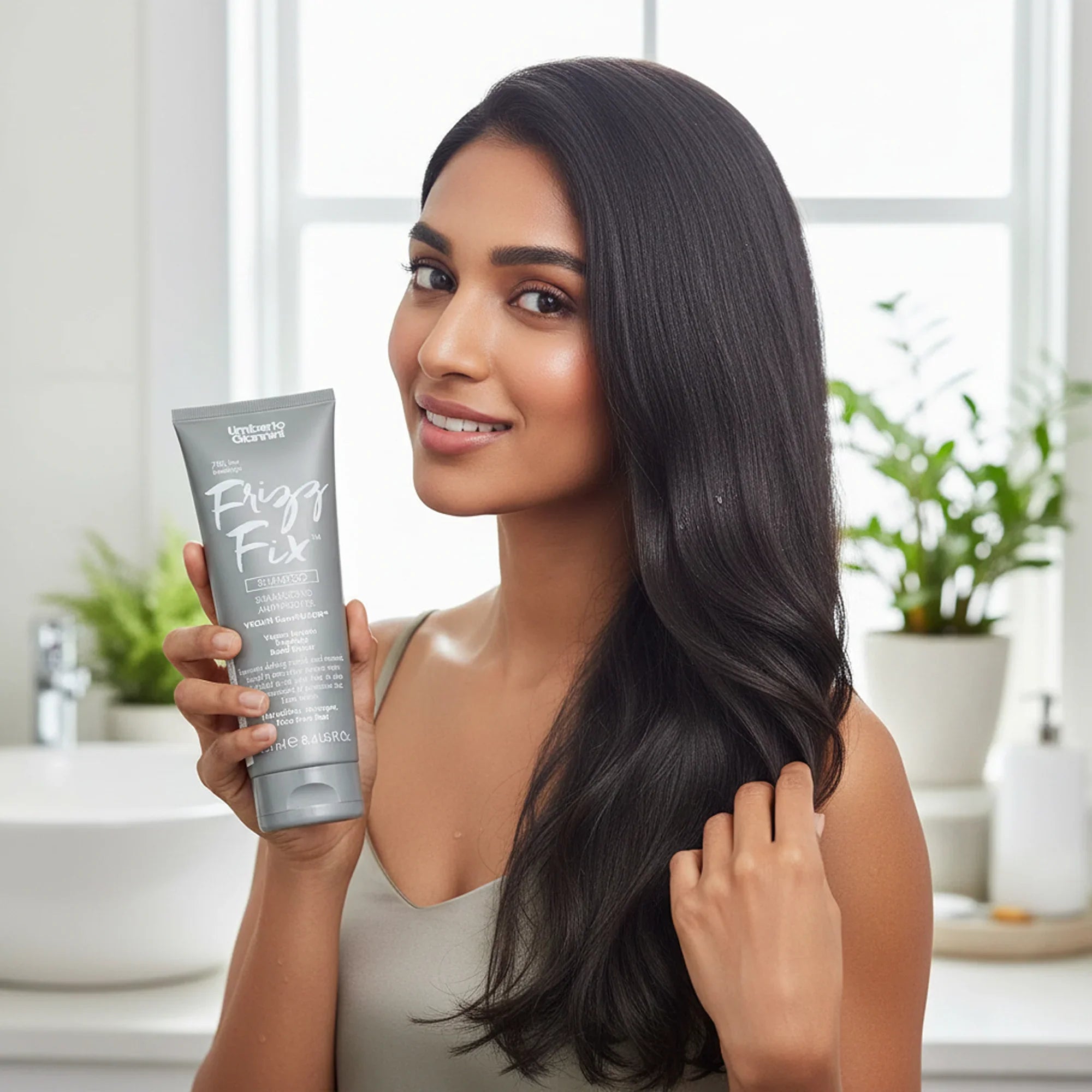 Smiling woman with long smooth black hair holding Frizz Fix shampoo tube in bright modern bathroom