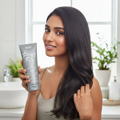 Smiling woman with long smooth black hair holding Frizz Fix shampoo tube in bright modern bathroom
