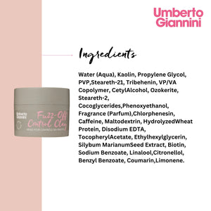 Umberto Giannini Fuzz-Off Control Clay container with detailed ingredient list on white background
