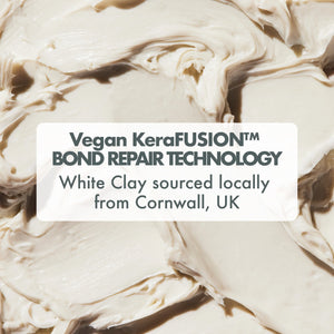 White clay with text highlighting vegan KeraFUSION bond repair technology, locally sourced from Cornwall UK