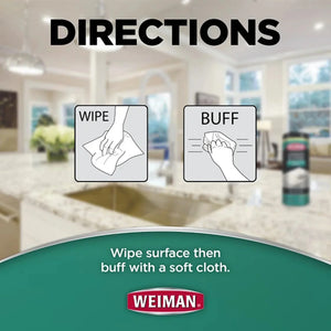 Weiman cleaning directions: wipe surface then buff with soft cloth for kitchen countertop care