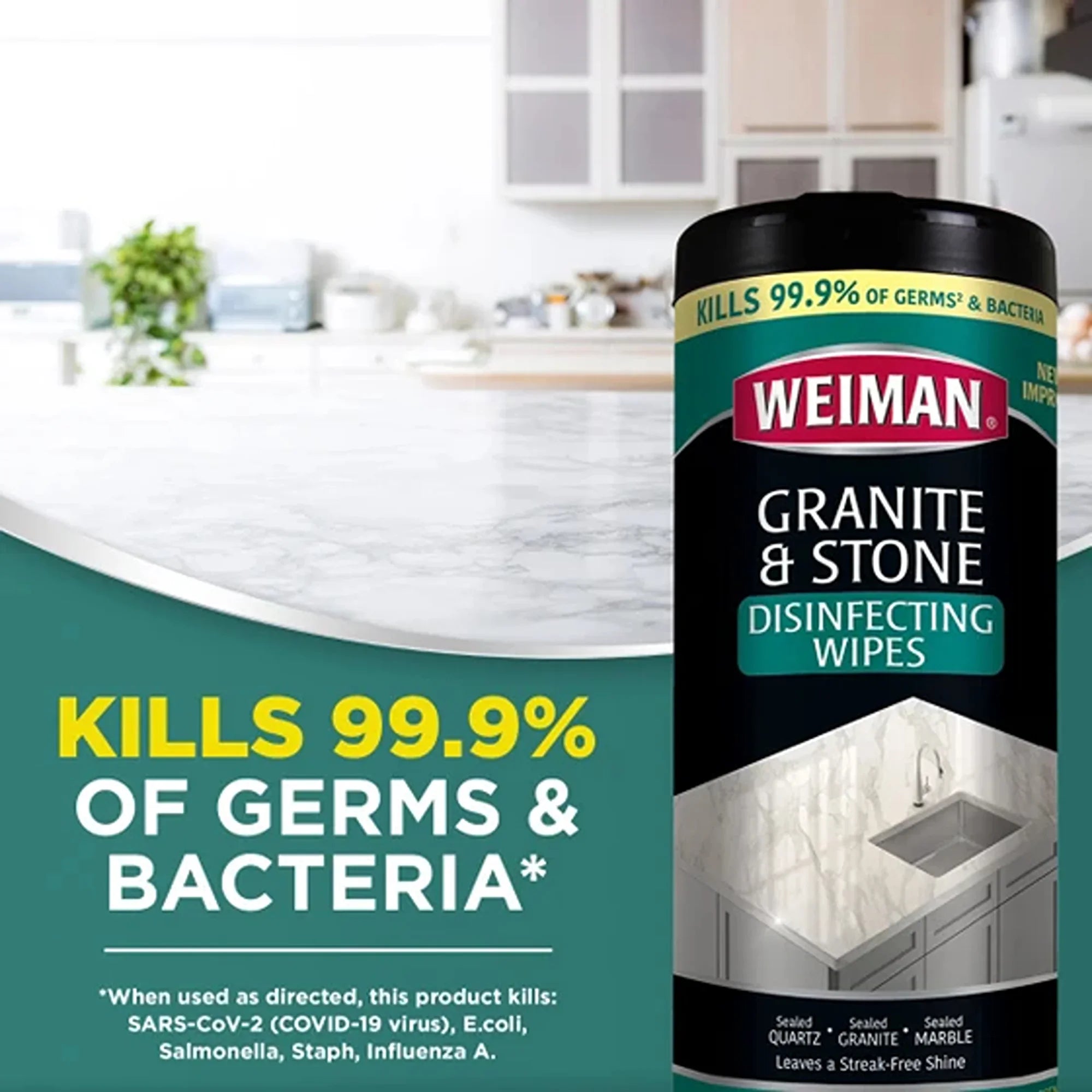 Weiman Granite & Stone Disinfecting Wipes kills 99.9% germs bacteria, streak-free shine for sealed quartz, granite, marble