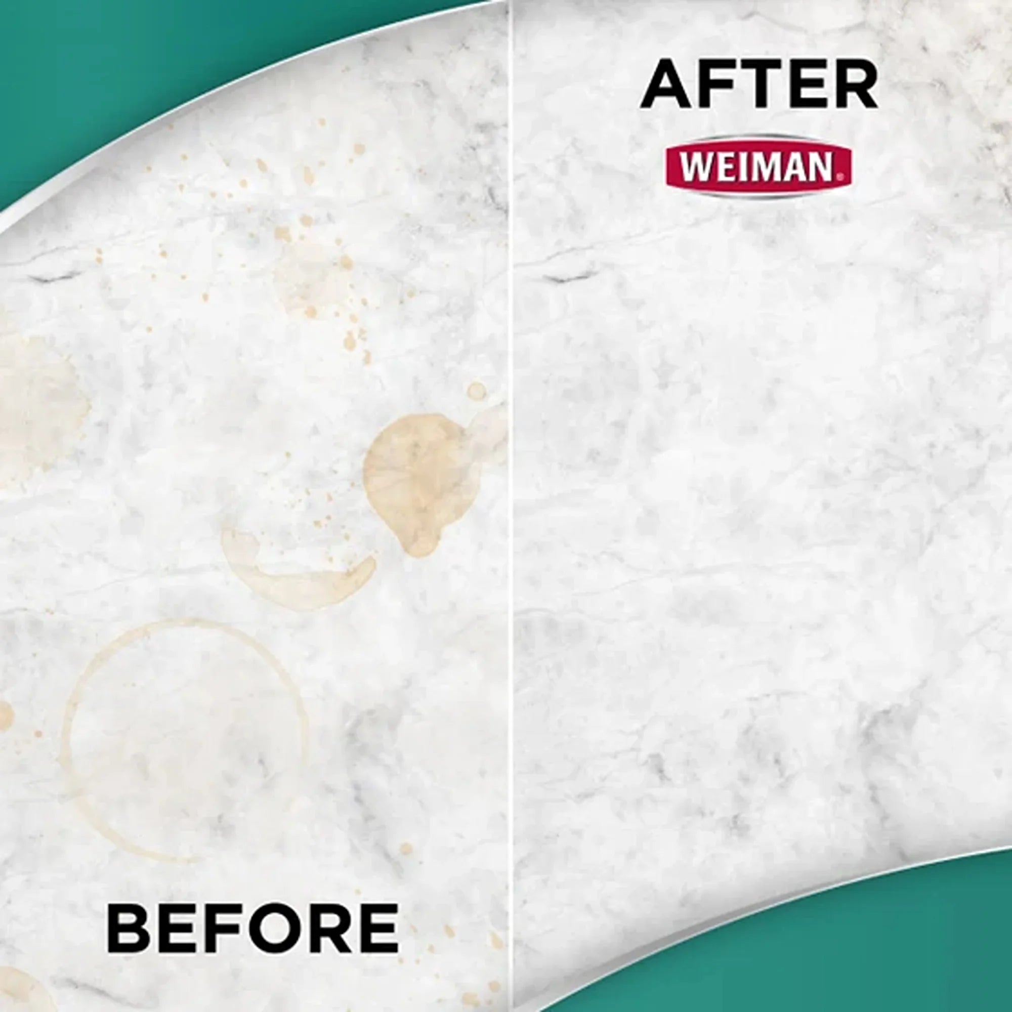 Before and after cleaning marble surface with Weiman cleaner, showing stain removal effectiveness