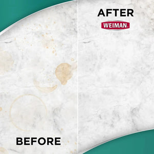 Before and after cleaning marble surface with Weiman cleaner, showing stain removal effectiveness