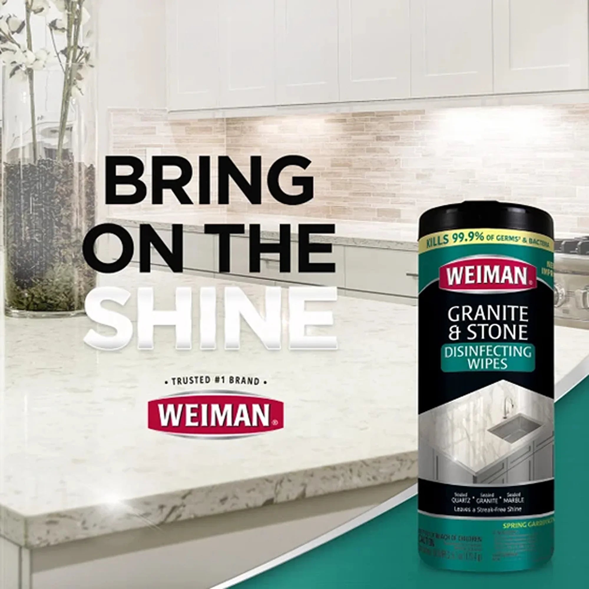 Weiman Granite & Stone Disinfecting Wipes for kitchen countertops, kills 99.9% germs, streak-free shine