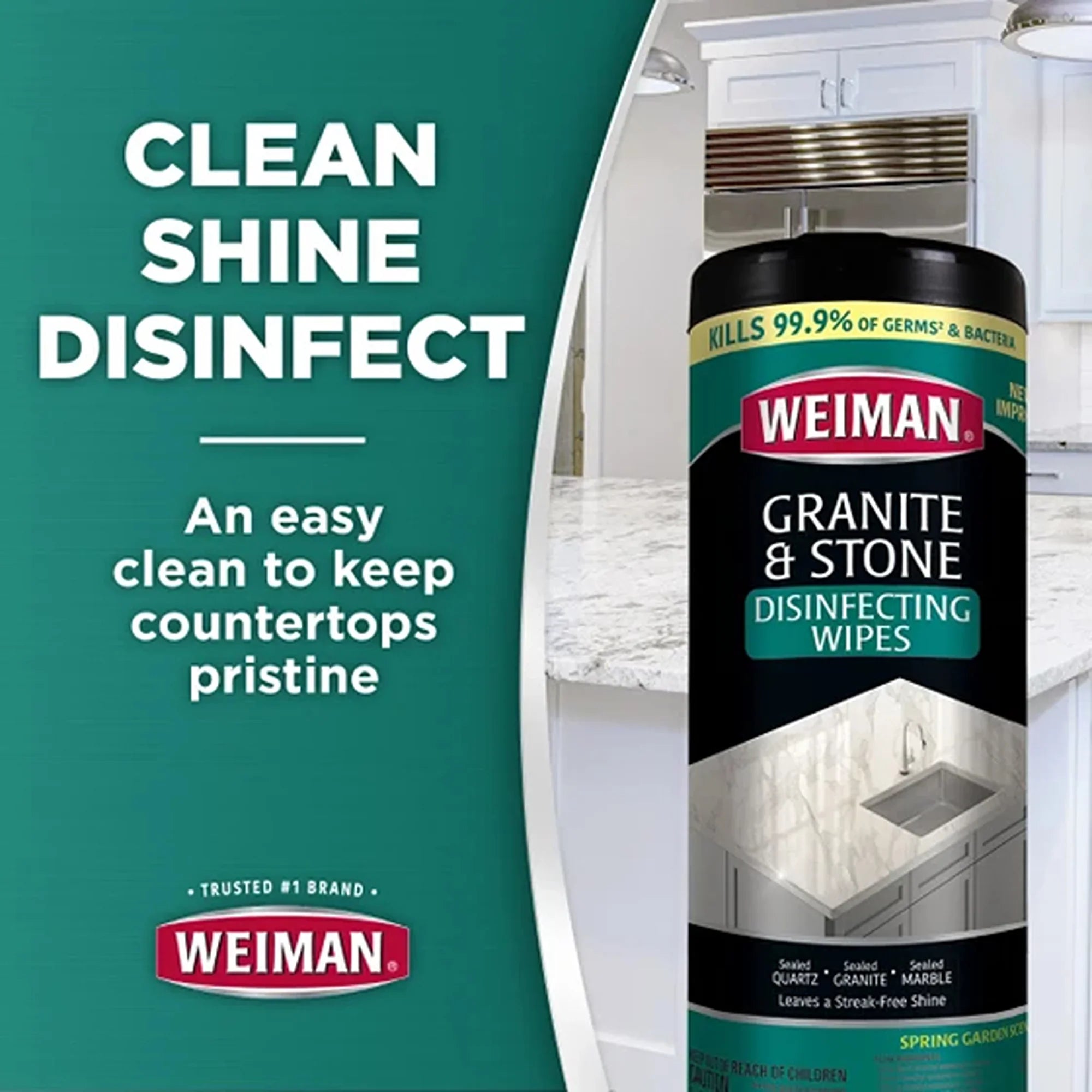 Weiman Granite & Stone Disinfecting Wipes for clean, shine, disinfect countertops, kills 99.9% germs