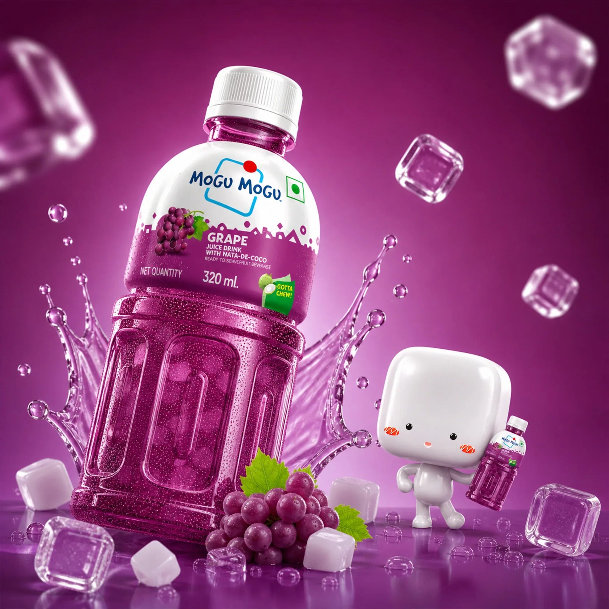 Mogu Mogu Grape juice drink with nata de coco, 320ml, surrounded by ice cubes and fresh grapes
