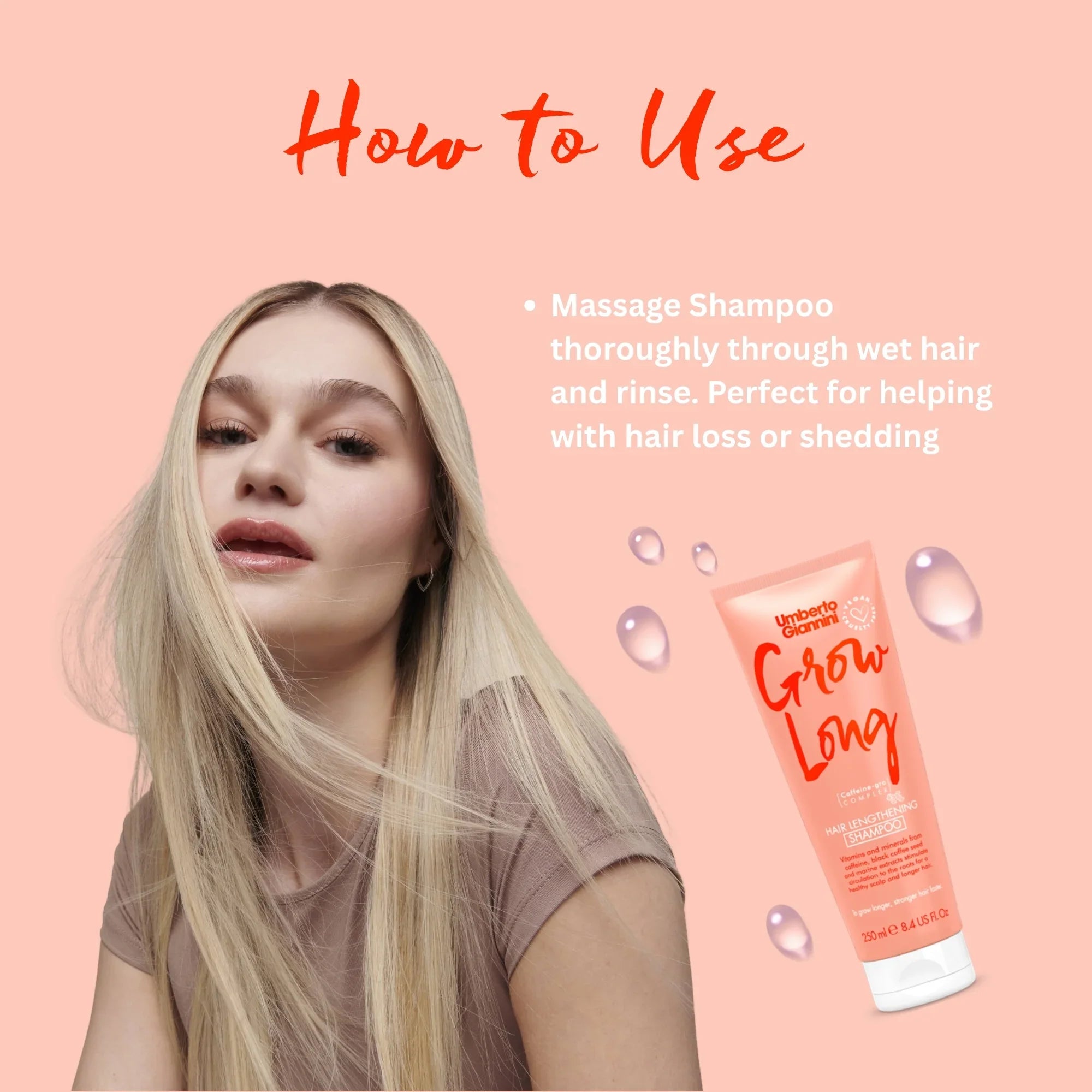 Blonde woman with long hair next to Grow Long hair lengthening shampoo and usage instructions on peach background