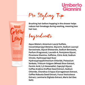 Umberto Giannini Grow Long Hair Lengthening Shampoo tube with pro styling tips and ingredient list on white and peach background
