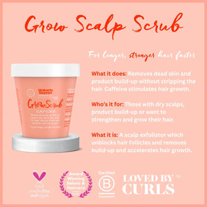 Umberto Giannini Grow Scalp Scrub container highlighting caffeine hair growth, cruelty-free, vegan, and B Corp certified
