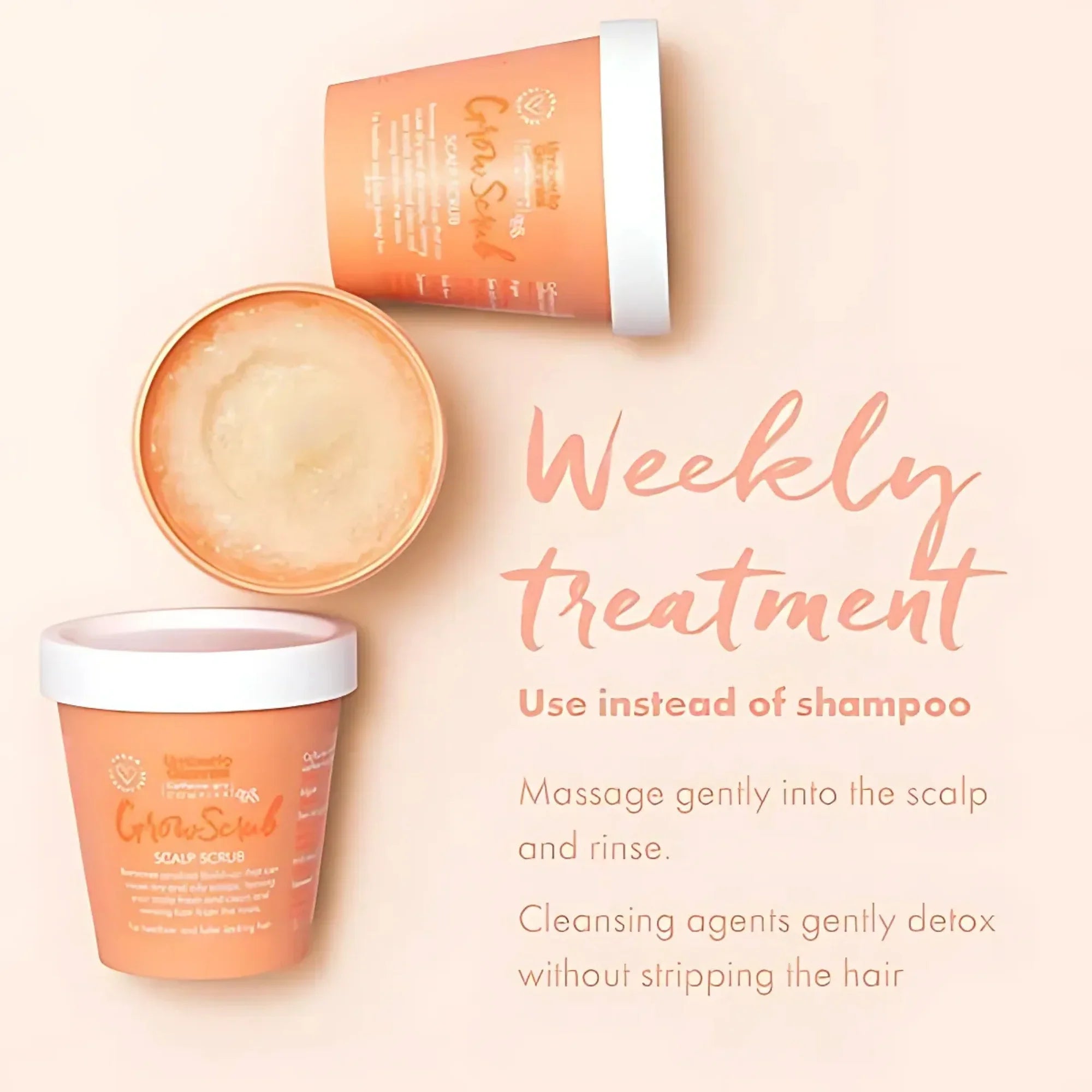 GrowScrub scalp scrub containers with text promoting weekly treatment, gentle scalp massage, and hair-friendly cleansing