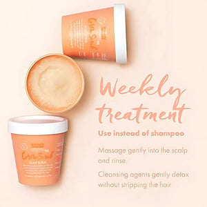 GrowScrub scalp scrub containers with text promoting weekly treatment, gentle scalp massage, and hair-friendly cleansing