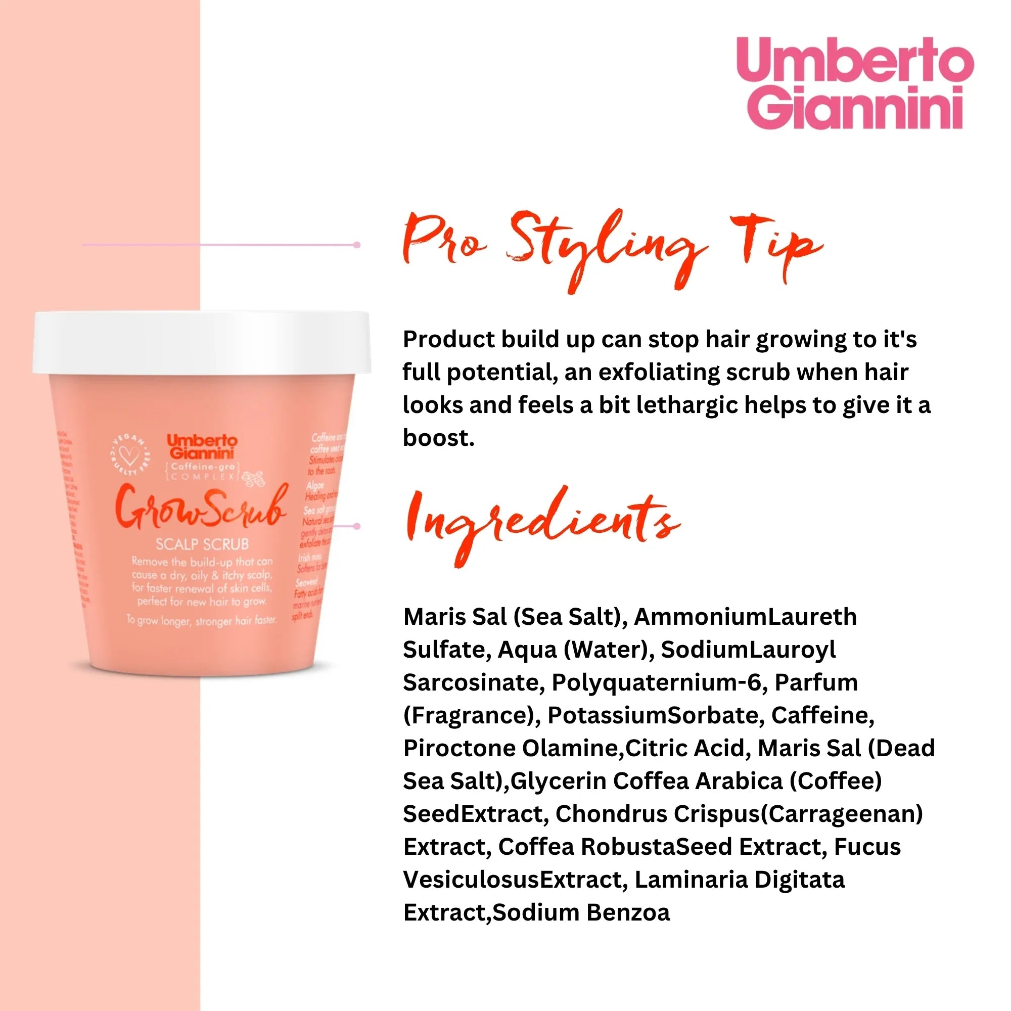 Umberto Giannini GrowScrub Scalp Scrub container on peach background with pro styling tip and detailed ingredients list