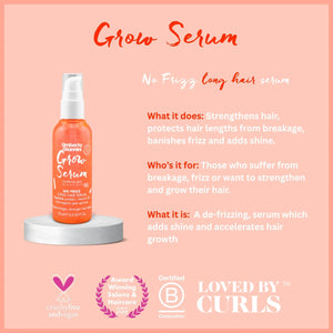 Umberto Giannini Grow Serum bottle on white platform with glow pink background, hair serum for no frizz long hair