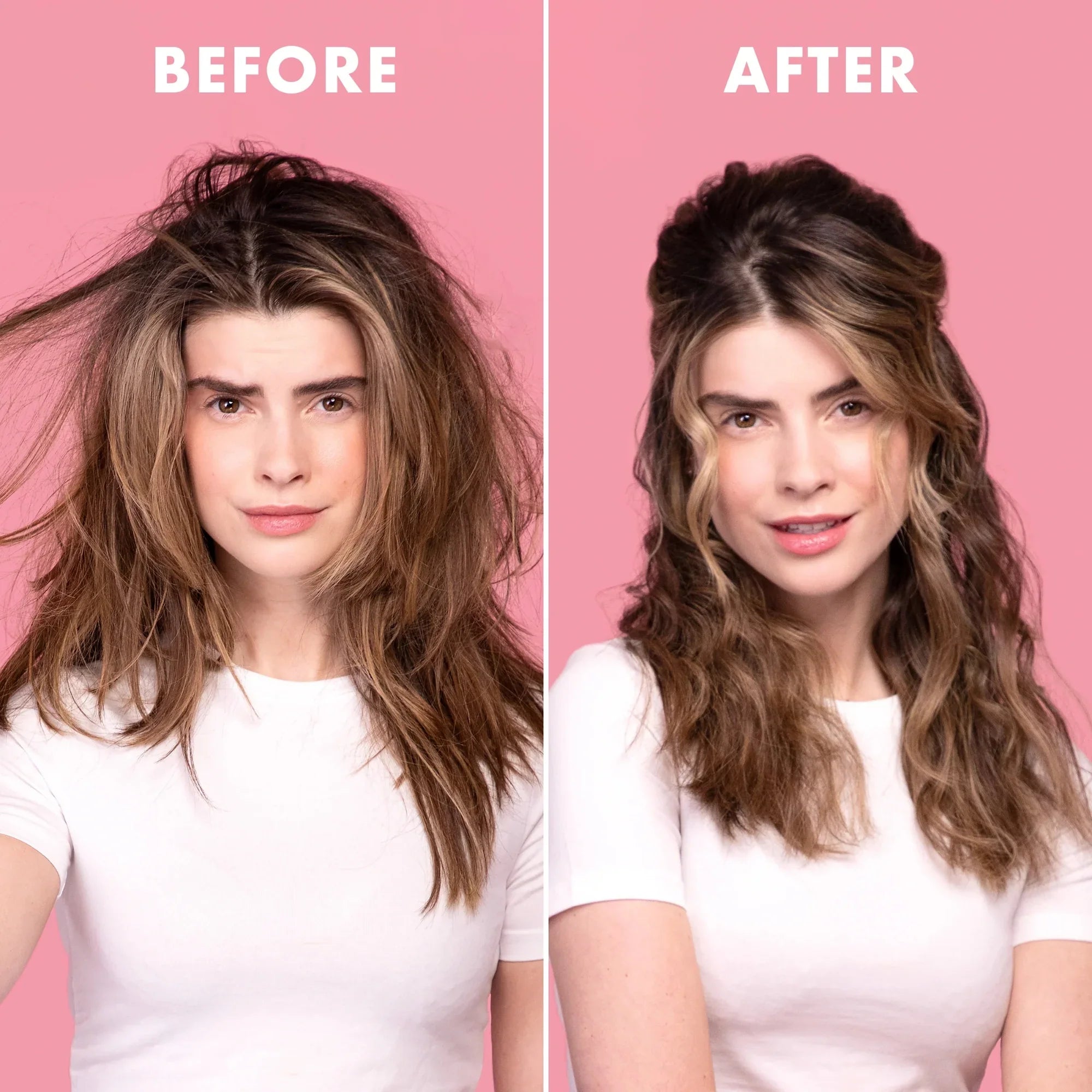 Before and after comparison of a woman with frizzy hair transformed to smooth, styled hair on pink background