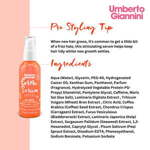Umberto Giannini Grow Serum bottle with pro styling tip and ingredients list for frizz control and hair growth