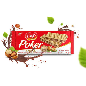 Lago Poker Nocciola hazelnut cream wafer pack with wafers and hazelnuts on white background