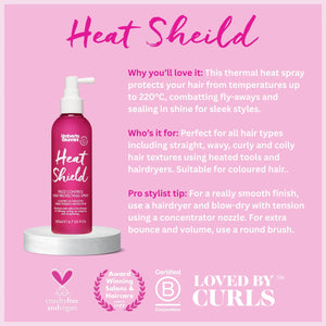 Umberto Giannini Heat Shield Frizz Control Heat Protecting Spray bottle on a pink background showing product benefits and vegan, award-winning, B Corporation logos