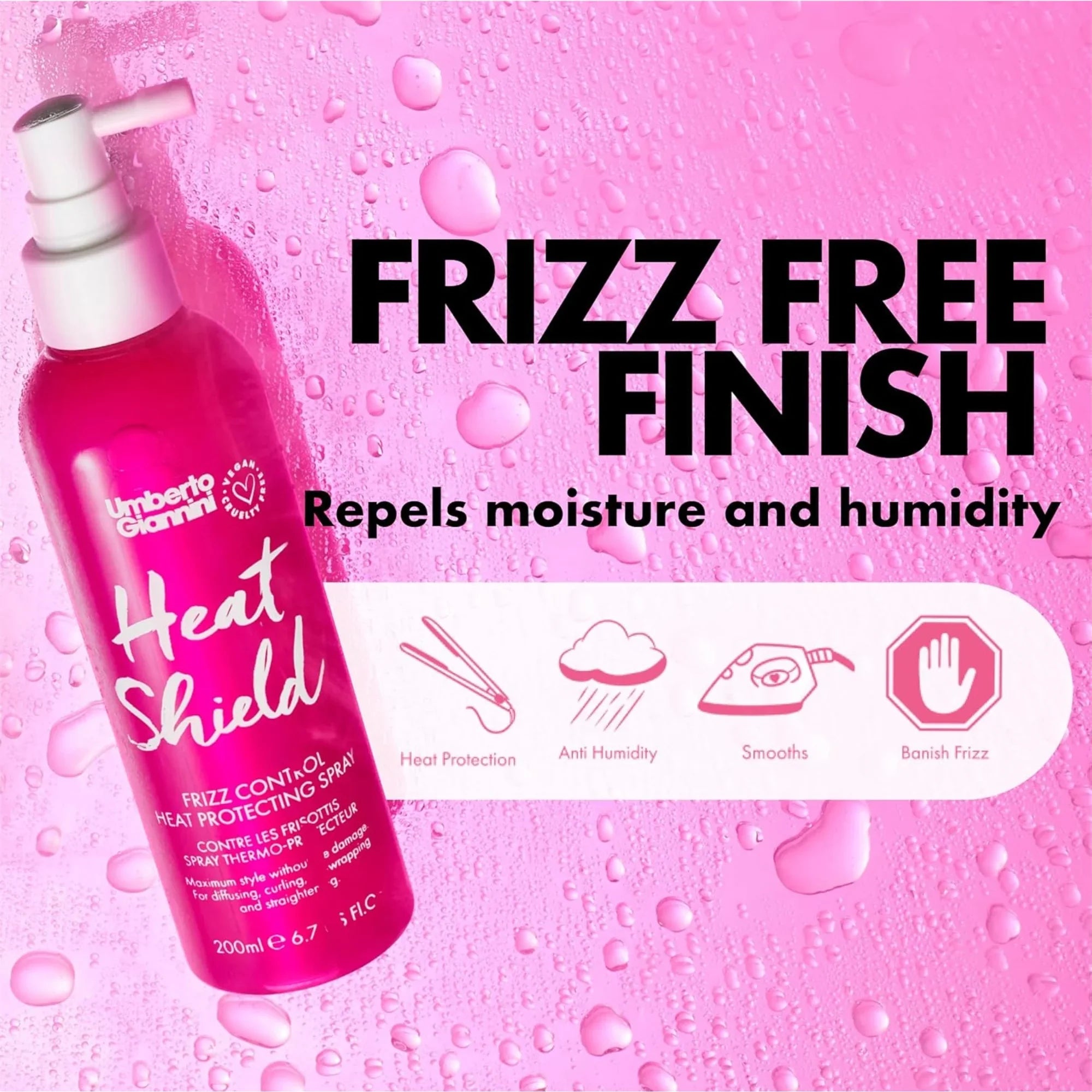 Umberto Gianni Heat Shield frizz control heat protecting spray bottle on pink background with water droplets, highlighting frizz free finish and moisture repellent