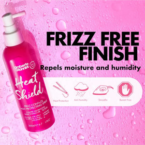 Umberto Gianni Heat Shield frizz control heat protecting spray bottle on pink background with water droplets, highlighting frizz free finish and moisture repellent