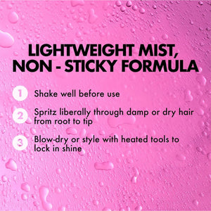 Pink label with black text describing lightweight, non-sticky hair mist instructions on droplets background