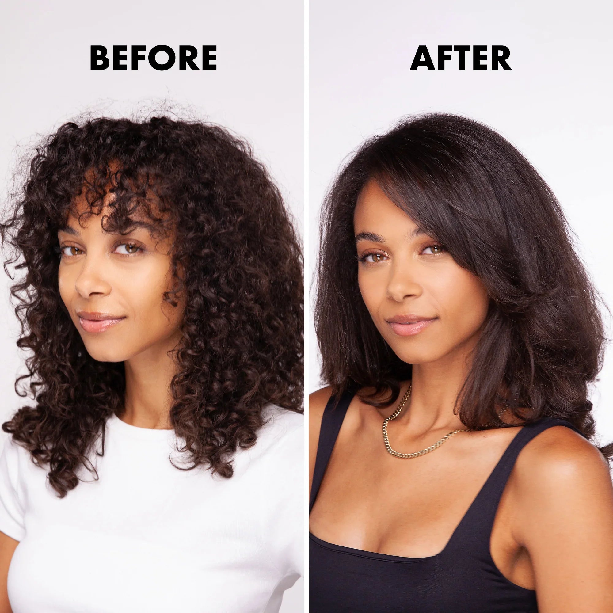 Before and after images of a woman showing frizzy curly hair transformed into smooth, straight hair using heat shield frizz control spray
